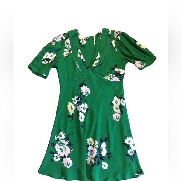 Free People Dress Size 4 Neon Garden Green Floral Mini Fit n Flare  Puff Sleeves - Picture 5 of 14